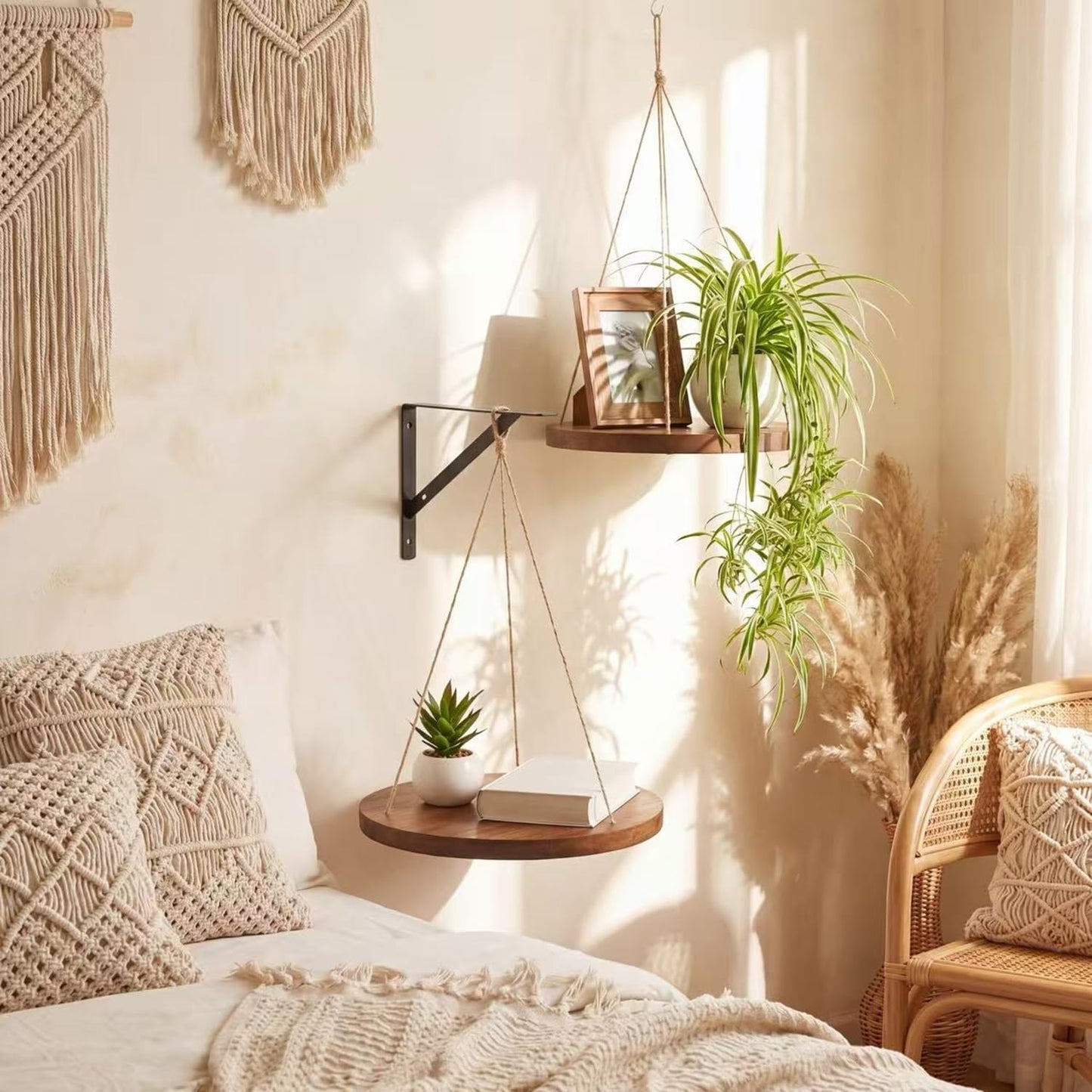 Xuhal 2 Set Hanging Plant Shelf Macrame Plant Hanger Indoor Natural Solid Wood Hangers Shelf with Rope Hanging Floating Shelves Display Planter Rack Decorative Flower Pot Holder Tray Boho Home Decor