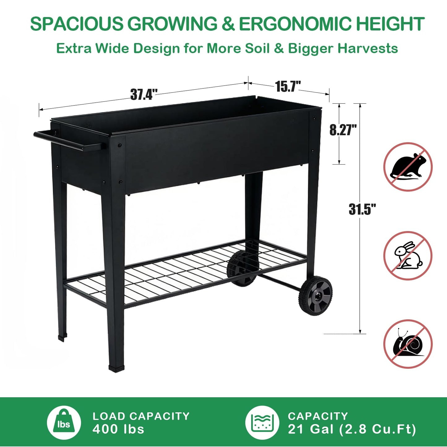 FOYUEE 31.5" Tall Raised Garden Bed with Wheels, Extra 15.7" W Planter Box (400 lbs Loads) with Storage Shelf & Handle,Heavy Duty Metal Garden Planter for Vegetables, Herbs & Flowers, Patio & Balcony