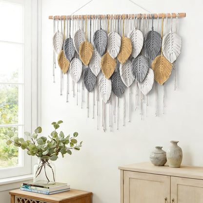 KHOYIME Large Macrame Wall Hanging Boho Woven Tapestry, Chic Modern Home Decor Bohemian Farmhouse Handmade Leaf Feather Wall Art Decorations for Living Room Bedroom Nursery Dorm Backdrop 39"W X 29.5"L