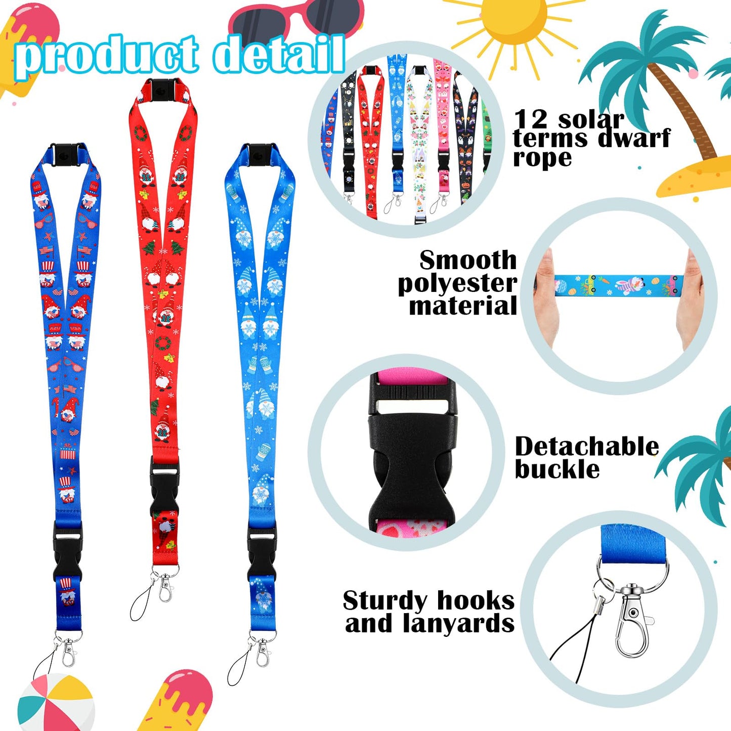 Windyun 12 Pcs Seasonal Gnome Lanyards for Teacher ID Badges with Detachable Buckle Back to School Lanyards Keychain Holders for Holiday Women Office Summer American Flag Gifts