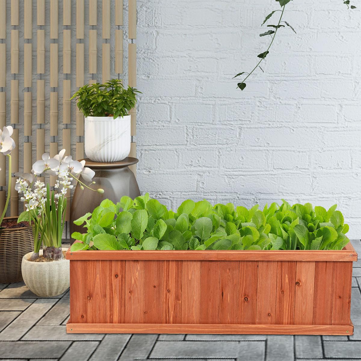 LDAILY Raised Garden Bed, Outdoor Rectangle Flower Beds with Bottom Panels & 2 Drainage Holes, Wood Planter Box for Flowers/Vegetables/Fruits in Backyard Patio (40" L x 12’’ W x 12’’ H)