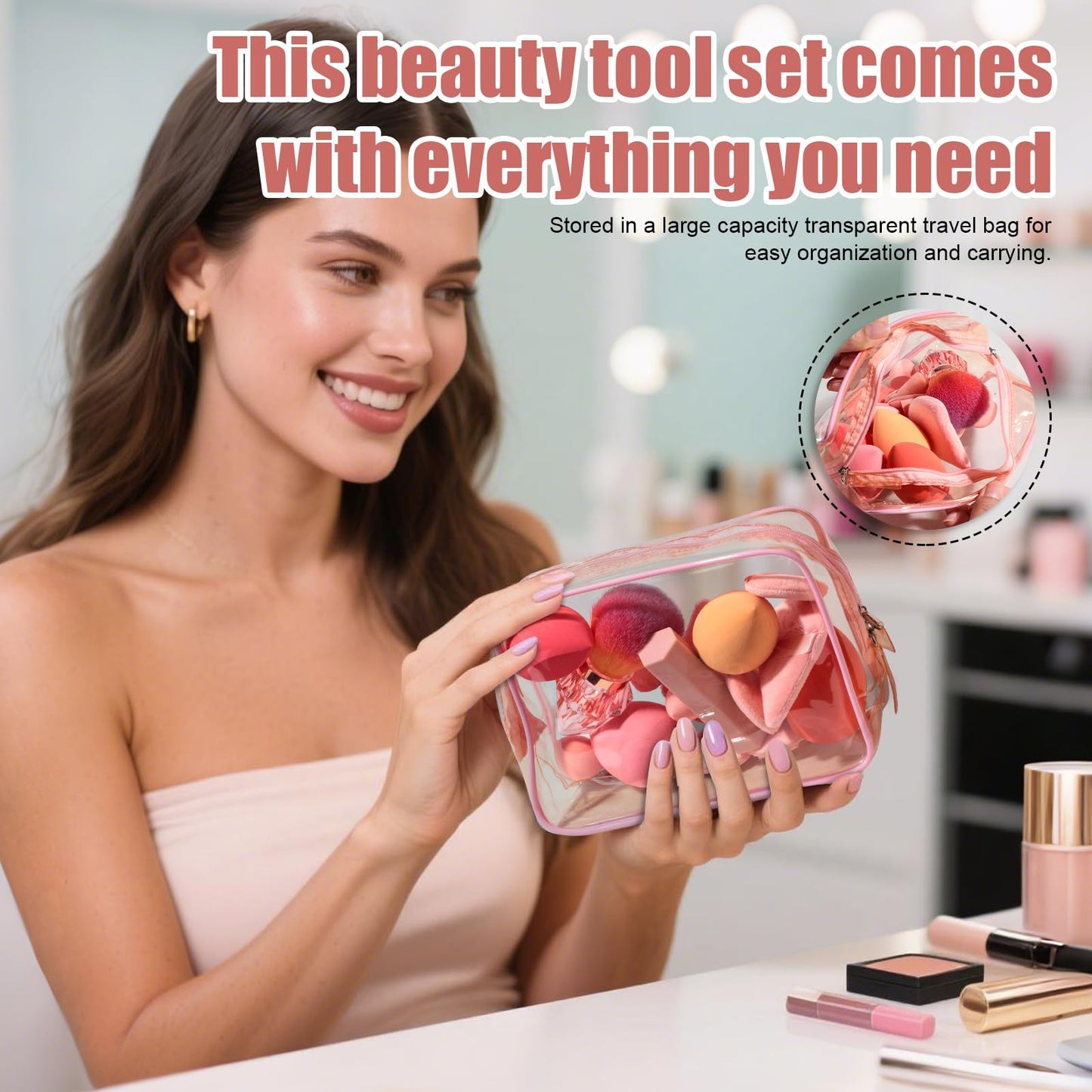 BS-MALL 14 Pcs Portable Makeup Sponge Set With Diamond-shaped Kabuki Powder Brush - Beauty Blender Sponge, Triangle Puff And Multi-functional Sponges For Liquid, Cream,With Travel Case (Orange Pink)