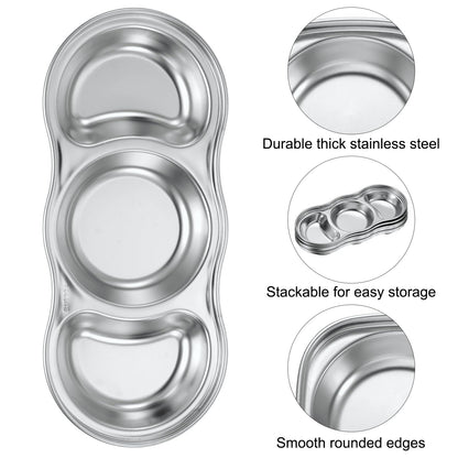 uxcell 6 Pack Stainless Steel Dish Dipping Bowls with 3 Round Compartment Divided, Metal Seasoning Plate Dipping Bowl for Condiment Home Party Restaurant Picnic Travel, Silver