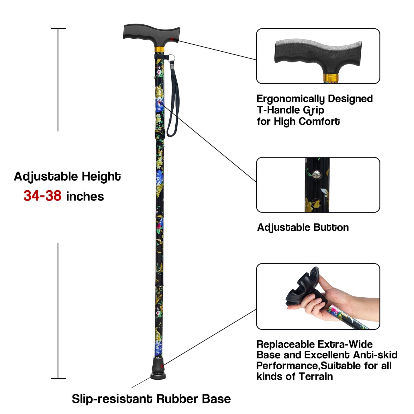 LIXIANG Walking Cane with Replacement Base-Folding Cane,Adjustable Colorful Walking Stick for Men & Women with Comfortable T-Handle,Stylish Balancing Mobility Aid,Black Flower