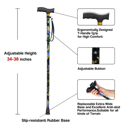 LIXIANG Walking Cane with Replacement Base-Folding Cane,Adjustable Colorful Walking Stick for Men & Women with Comfortable T-Handle,Stylish Balancing Mobility Aid,Black Flower