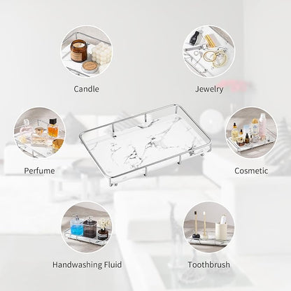 Dobbyby Vanity Tray Makeup Organizer Cosmetics Storage Bathroom Skincare Organizer Countertop Display Rack in Dresser Stainless Steel Shelf Marble Print Ceramic Trays