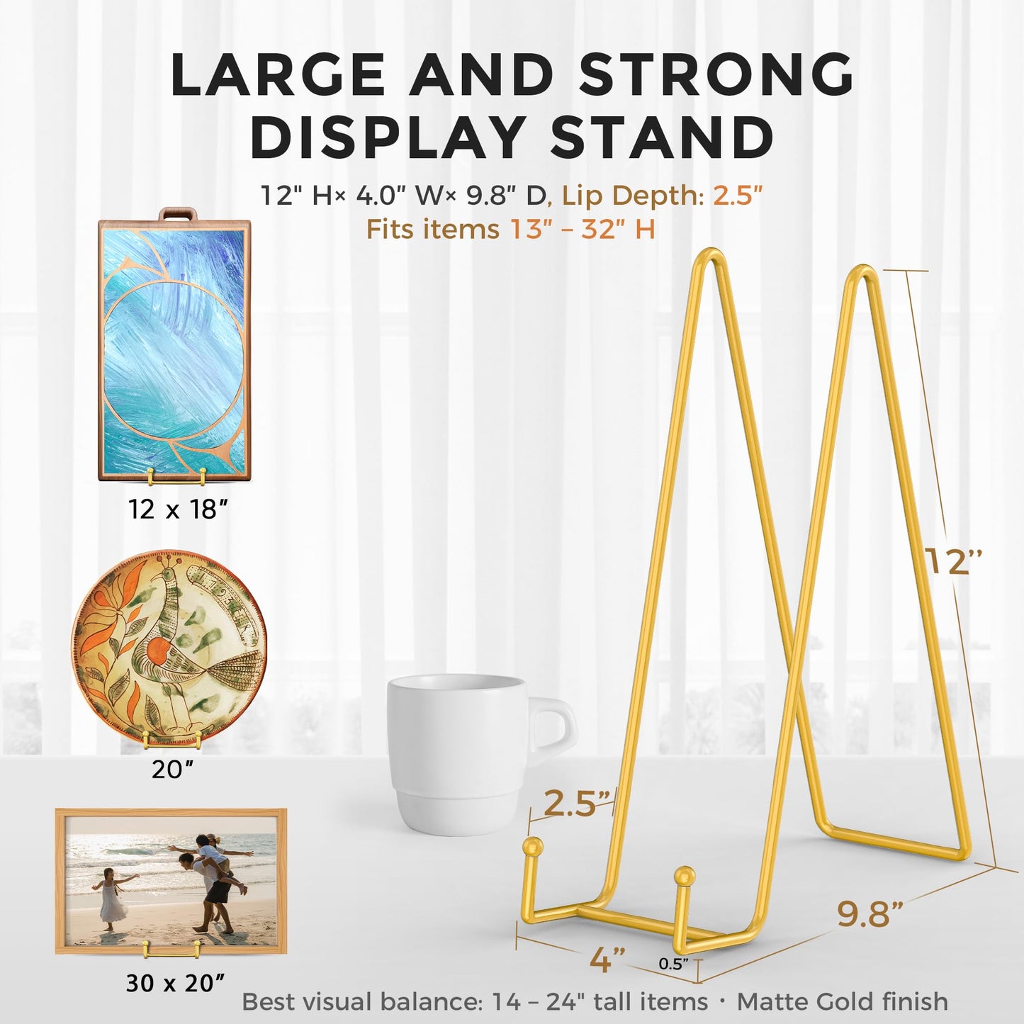 TR-LIFE 12 Inch Large Plate Stands/holder for Display - Metal Picture Frame Holder Stand + Small Easels for Platter, Book, Plaques, Photo, Tabletop Art (Gold 2 Pack)