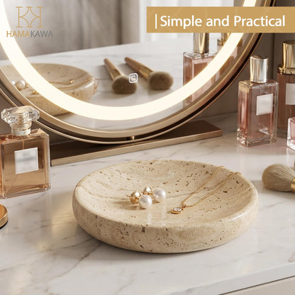 HAMAKAWA Turkish Natural Marble Jewelry Dish, Round Ring Dish 5.5 inch, Beige Trinket Tray, Travertine Bathroom Soap Holder, Decorative Stone Dish for Earrings, Ideal Gift for Women