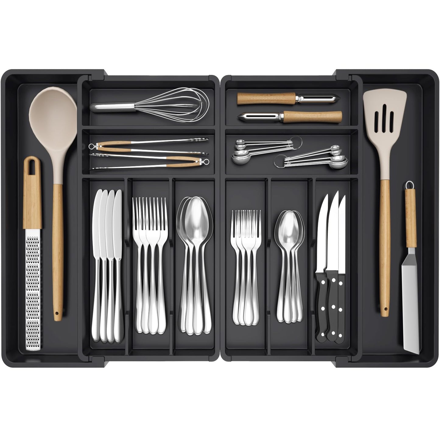 Lifewit Large Silverware Drawer Organizer, Expandable From 21 to 36 Inches, BPA Free Plastic Utensil Tray for Kitchen, Adjustable Flatware and Cutlery Holder for Spoons Forks Knives, Black