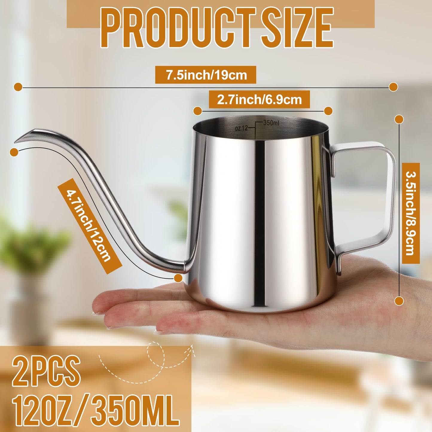 Teecyhooo 2 Pcs Small Watering Can for Indoor Plants, 12 Oz/350 ml Mini Plant Watering Pot with Long Spout and Scale 304 Stainless Steel Tiny Watering-can for Outdoor Indoor Plants Garden(Sliver)