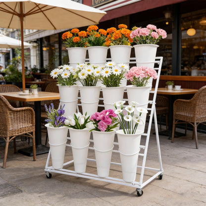 Flower Display Stands With Buckets, With 12pcs Buckets, 3-Tier Rolling Flower Bar,Heavy Duty Metal Flower Cart,For Indoor/Outdoor Use, Wedding Decor & Florist Displays (A - White frame, white bucket)