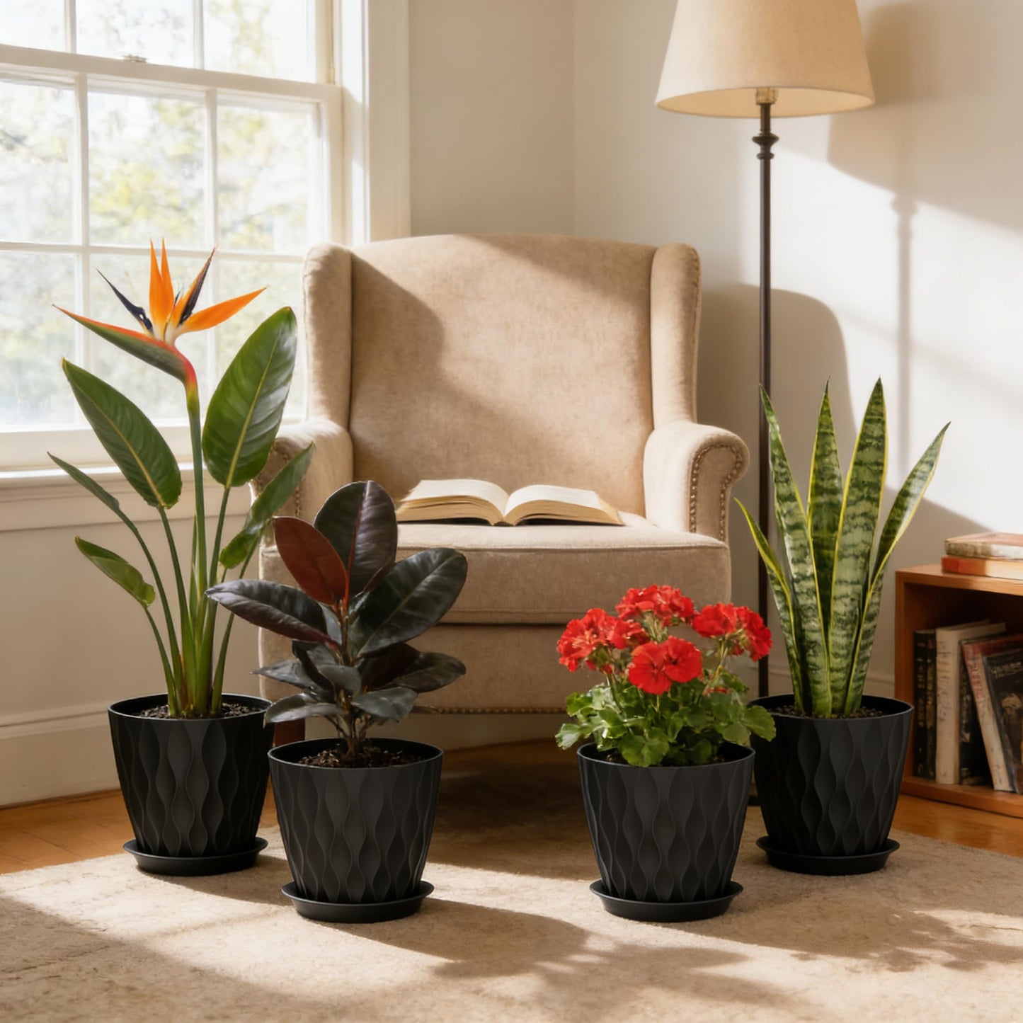 UOUZ 8 Inch Plant Pots, 4 Pack Plastic Planters for Indoor Outdoor with Drainage Holes & Saucers, Waffle Texture Flower Pots for Indoor Plants, Indoor Plant Pots for Monstera, Fiddle Leaf Fig, Black