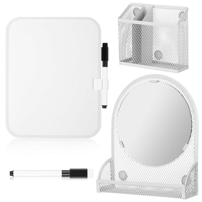 CroBlissful Set of 3 Magnetic Locker Accessories Include Mirror with Bottom Tray Magnetic Whiteboard with 2 Markers and Mesh Storage Basket for Students School Office Locker Organizer(White)