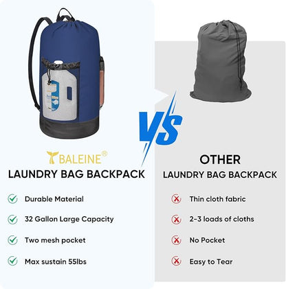 BALEINE 150L Laundry Bag Backpack, 900D Oxford Fabric Large Travel Laundry Bags with Shoulder Straps and 2 Mesh Pockets for College Dorm, Apartment, Laundromat (Navy, 150L)