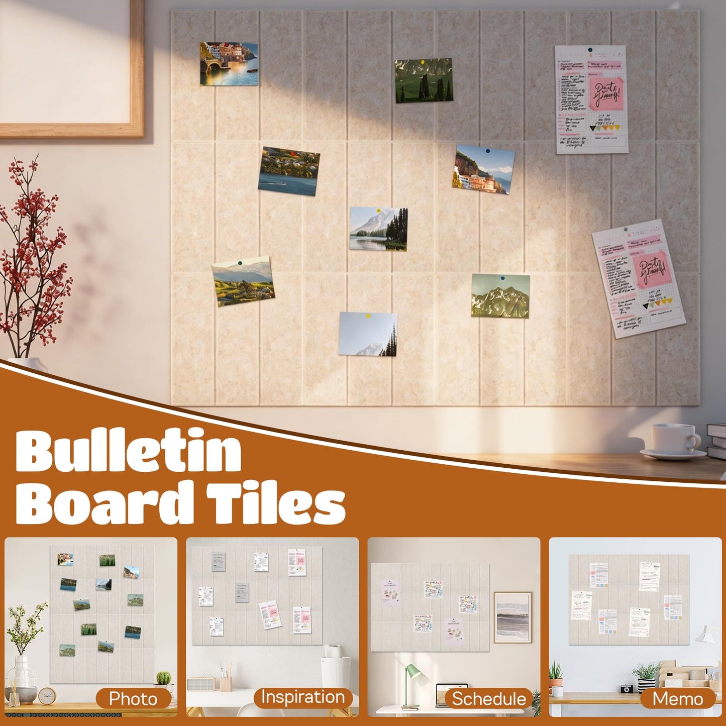 12 Pack Felt Bulletin Board Tiles - Modular Wall Panels (9.45"x9.45" Each), 0.35" Extra Thick Cork Board Alternative with Adhesive Tabs & Push Pins for Office Decor (Light Camel)
