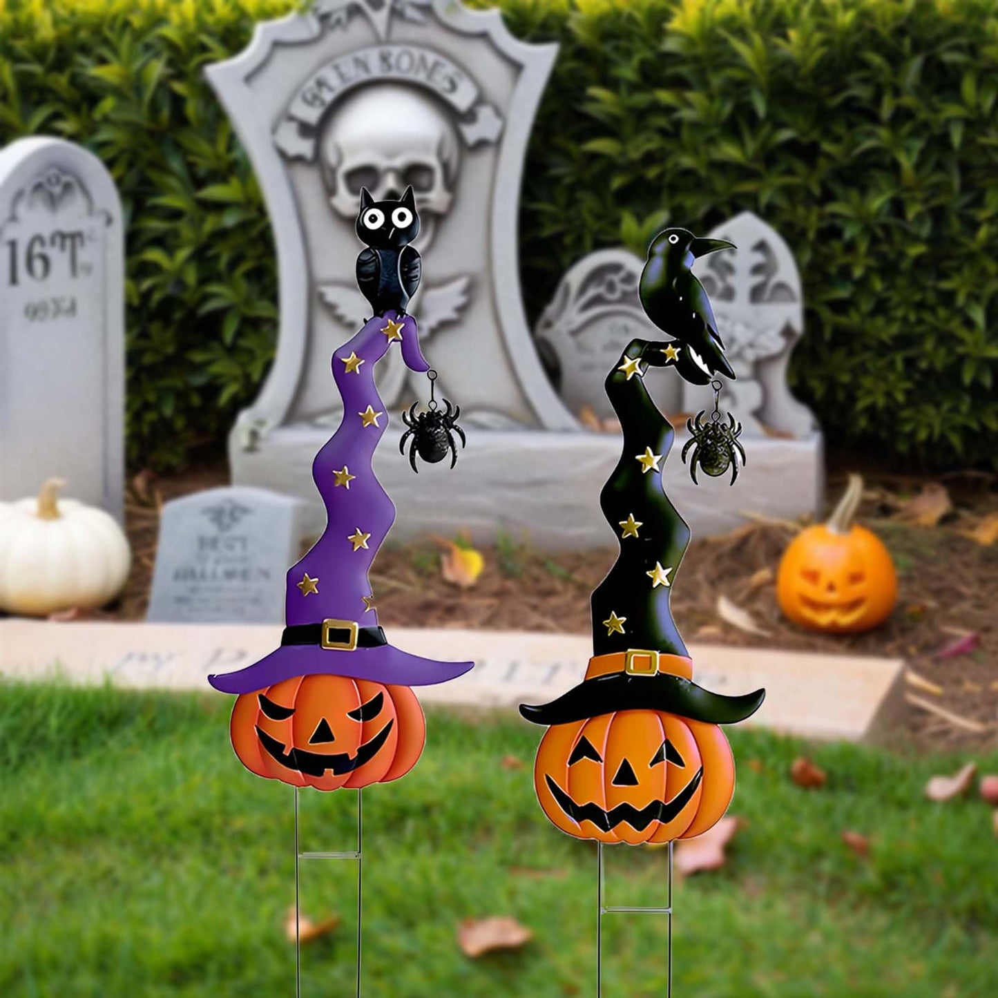 2 Pack Halloween/Thanksgiving Garden Decorations, Metal Jack-O-Lantern Stakes with Witch Hats, Scary Yard Sign Outdoor Lawn Decor, Metal Pumpkin Outdoor Halloween Yard Signs
