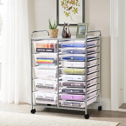 LDAILY 15 Drawer Rolling Storage Cart, Rolling Cart with Drawers for Classroom, Art Supply Craft Organizer on Wheel with Metal Frame & Handles for Home Office School