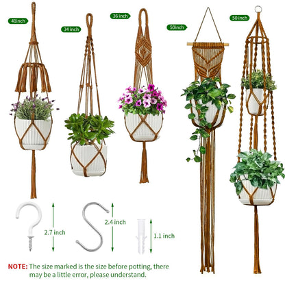 Macrame Plant Hangers 5Pack, Handmade Cotton Rope Hanging Planters for Indoor Plants w/ 5 Set Hooks Hanging Plant Holders Plant Hanger Indoor for Boho Home Decor (Caramel, Planter Pot Not Included)