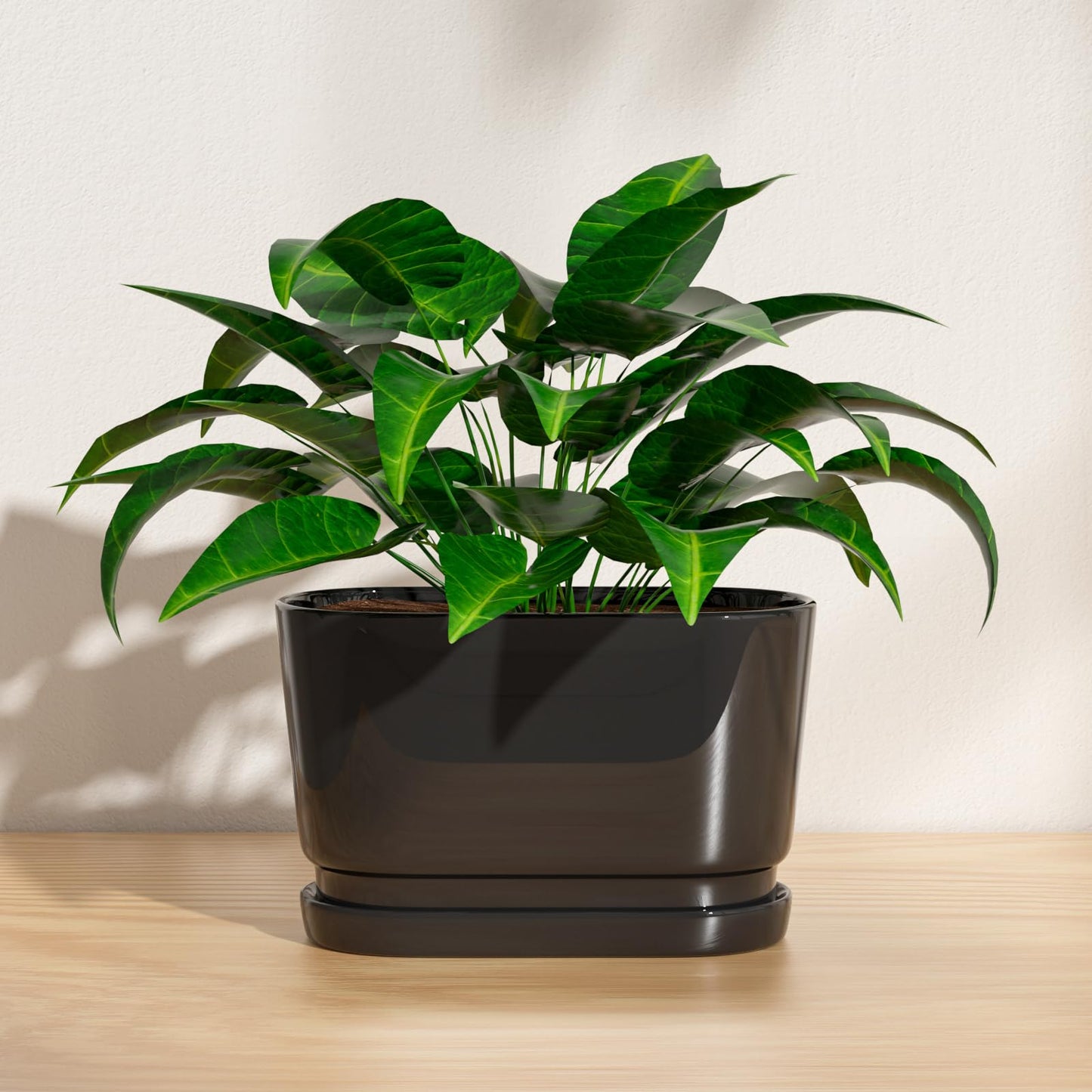 XiHuaer 8.9x4.5x5.3 Inch Ceramic Planter with Drainage Hole and Saucer, Indoor Outdoor Plant Pot for Plants, Black