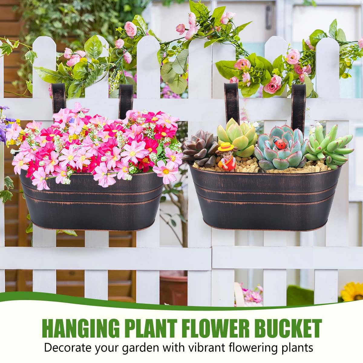 OBTANIM 4 Pack Metal Hanging Flower Pots Iron Railing Planter Outdoor Fence Hanging Pots Bucket Plant Holder with Detachable Hooks Drain Holes for Home Garden Yard Decor (Black)