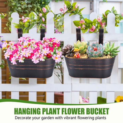 OBTANIM 4 Pack Metal Hanging Flower Pots Iron Railing Planter Outdoor Fence Hanging Pots Bucket Plant Holder with Detachable Hooks Drain Holes for Home Garden Yard Decor (Black)