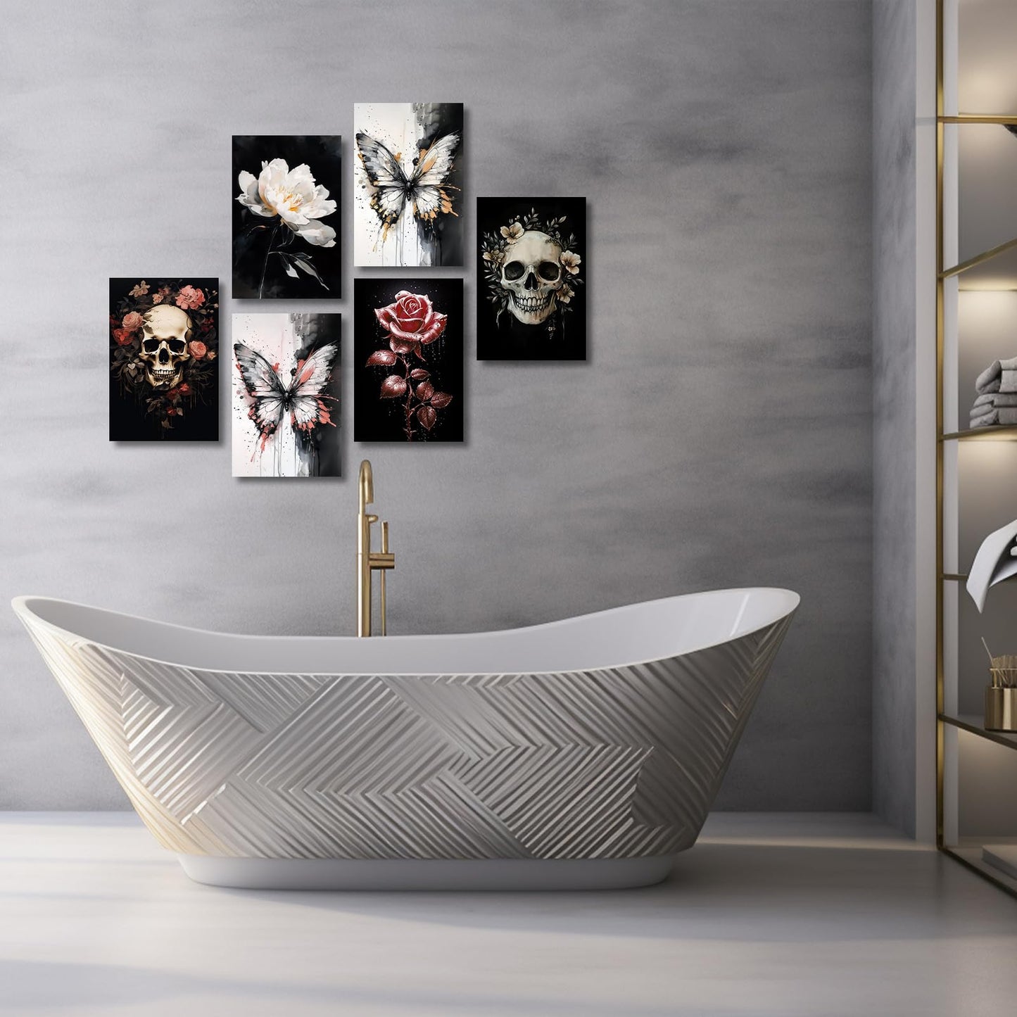 XLMDYYSW Skull Wall Art 3 Piece Black and White Gothic Pictures Skeleton and Flower Canvas Prints Abstract Butterfly Paintings for Bathroom Home Decor Framed (White, 12.00" x 16.00" x 3PCS)