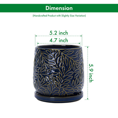 D'vine Dev 5 Inch Embossed Leaves Stoneware Planter Pot with Drainage Hole and Saucer, Midnight Blue, Set of 2, 27-F-V-3