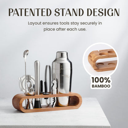 Mixology Cocktail Shaker Set - 10-Piece Cocktail Making Set - Home Bartender Kit in Bamboo Stand with Spoon, Boston Shaker, Other Tools for Drink Mixing, Martini, Mocktail - Gift Set (Silver)