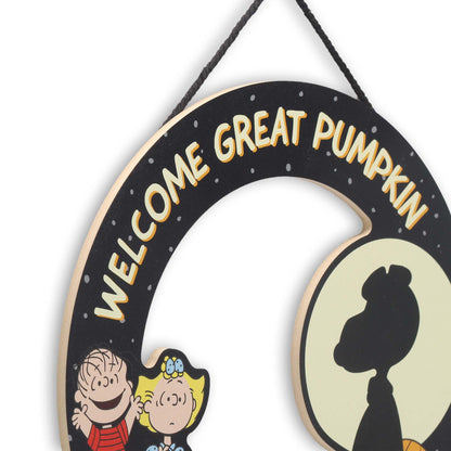 Peanuts Welcome Great Pumpkin Wreath Hanging Wood Wall Decor - Fun Peanuts Sign for Fall and Halloween Decorating