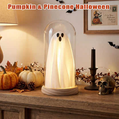 Strackvial Halloween Ghost LED Decor Light – Cute Spooky Tabletop Lamp with Wood Base & Clear Glass Cloche, Indoor Fairy Light Decoration for Mantel, Shelf & Party Centerpiece (Classic Ghost Light)