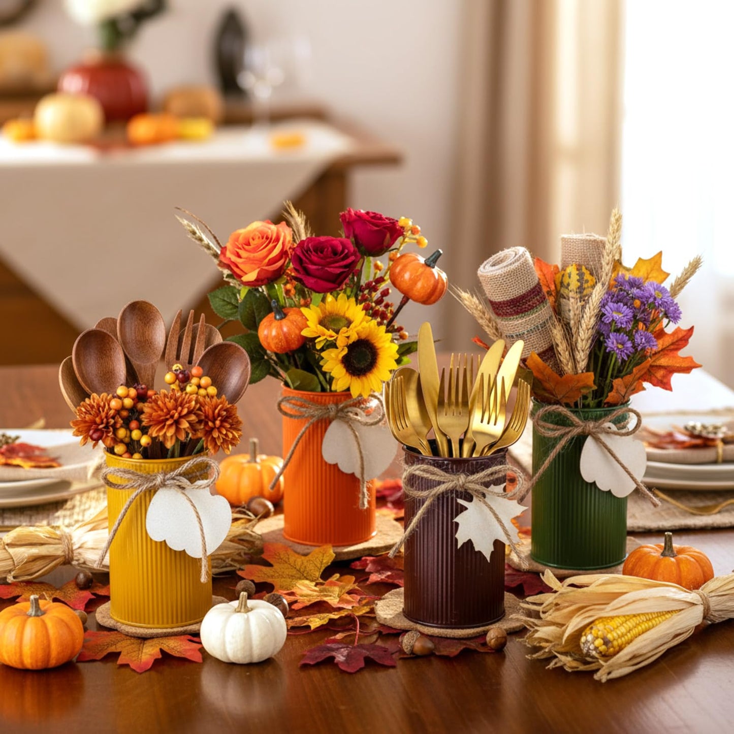 Acellegic 8 Pack Thanksgiving Table Centerpieces Fall Galvanized Metal Vases Decorations Farmhouse Flower Buckets Mason Jar Utensil Holder with Wooden Cutouts & Twine Bow for Holiday Table Decor