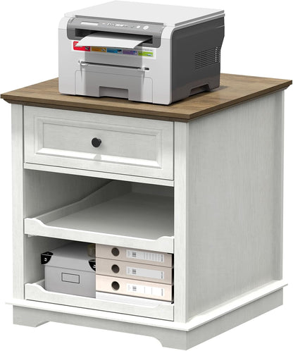 Lateral File Cabinet 3 Drawer File Cabinet with Charging Station, Printer Stand with Open Adjustable Storage Shelves, Lateral Filing Cabinet for Home Office, White