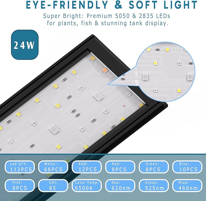 24/7 LED Aquarium Light with Remote for 24-30 Inch Plant & Fish Tank IP68, 12-Color & Gradient & Full Spectrum Light with Timer, Auto On/Off, Brightness, Extendable Brackets for Freshwater