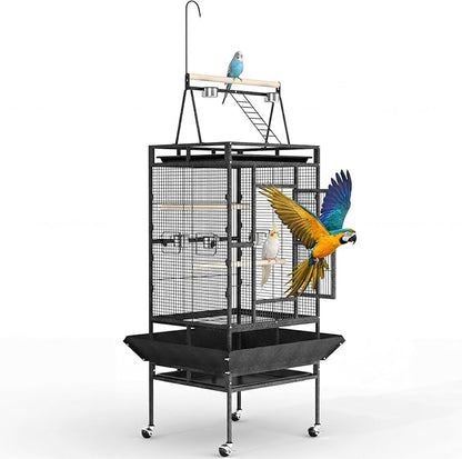 Extra Large 82-Inch Parrot Cage with Play Top – Heavy Duty Wrought Iron Flight Birdcage – Rolling Stand, Spacious Design, Rope Perch, Removable Tray, Powder-Coated Speckled Black