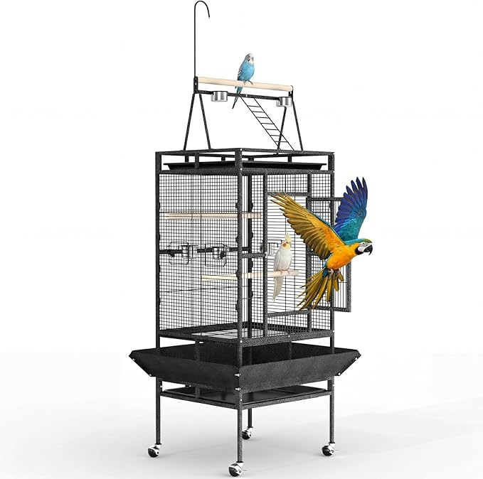 Extra Large 82" Parrot Cage with Play Top – Heavy Duty Wrought Iron Aviary, Rolling Stand, Secure Lock, Easy-Clean Removable Tray, Rope Perch – Spacious Bird Enclosure for Large Birds