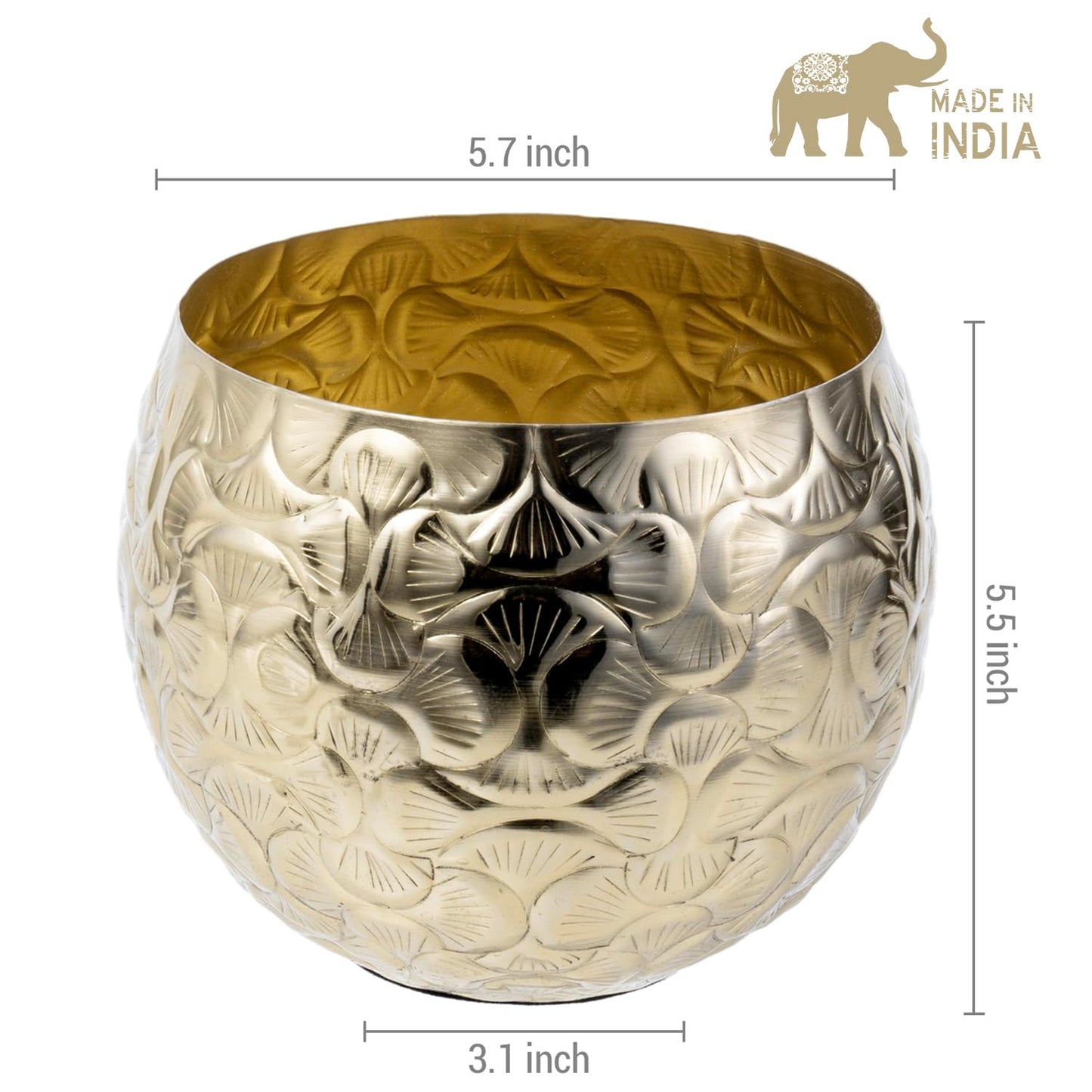 MyGift 5.5 inch Vintage Style Brass Tone Metal Embossed Ginkgo Leaf Design Planter Pot Bowl for Indoor Plants - Handcrafted in India