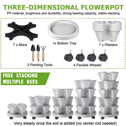 Bociks Vertical Strawberry Planter 7 Tier Stackable Tower Herb Planters-Stacking Garden Outdoor Grey Planter Pot with Tools Mover for Succulents, Vegetables and Flowers