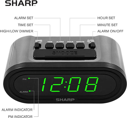 Sharp AccuSet Automatic Smart Alarm Clock – Self-Setting Digital Clock, Auto Time & DST Adjustment, Easy-Read Green LED Display, Battery Backup, Simple Plug-and-Play Clock for Seniors & Bedrooms