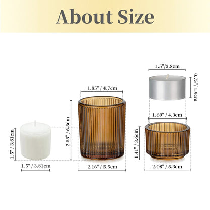 Hewory Glass Tealight Candle Holder: 8 Pcs Amber Votive Candle Holders Tea Lights Candle Holder, Ribbed Tea Light Holders Fall Decorations for Thanksgiving Table Centerpiece Wedding Party Home Decor