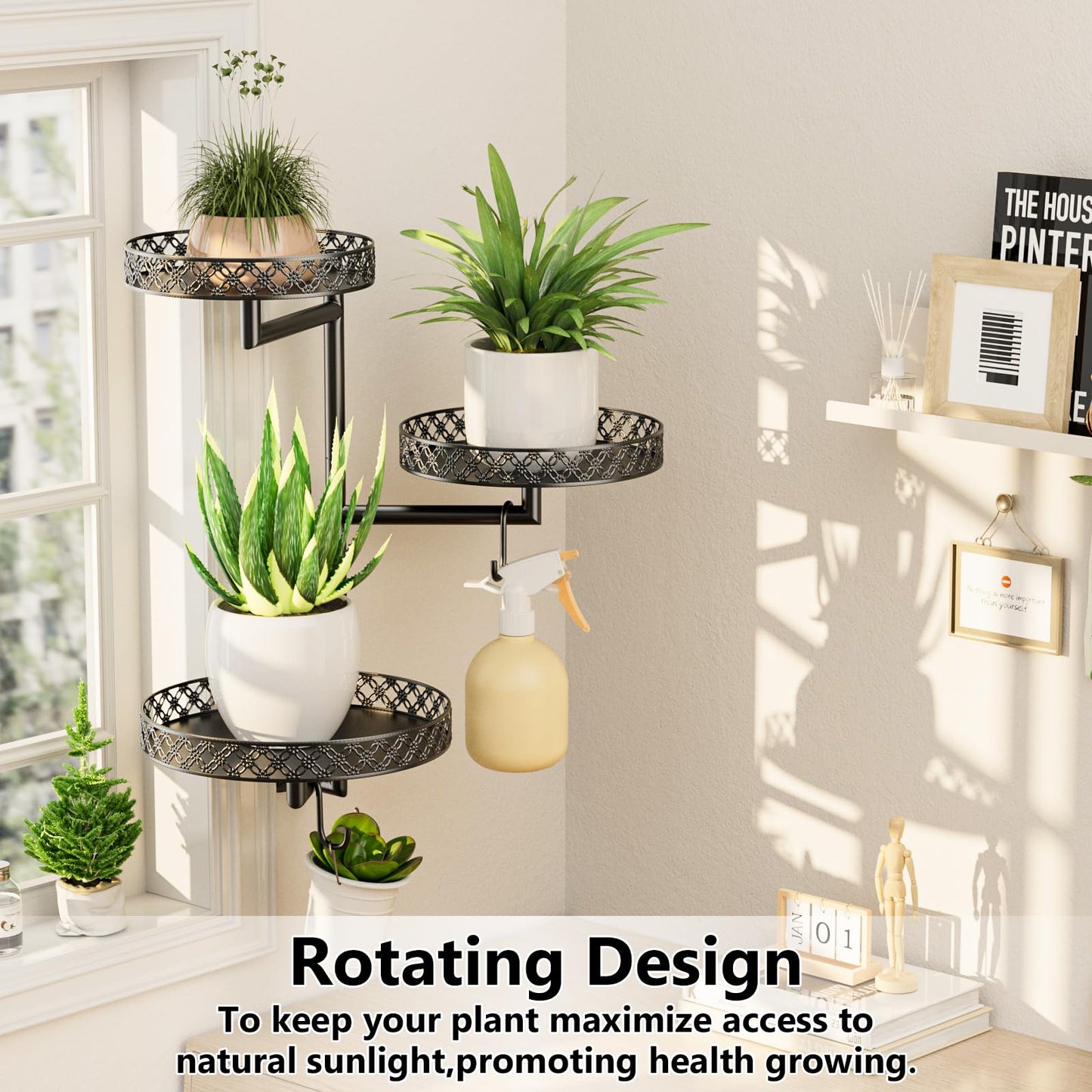 OVICAR Rotating Window Plant Shelves - Indoor Wall Plant Stand 3-Tier Floral Metal Window Shelf Holder for Multiple Plants with Hanging Hooks Home Decor Black