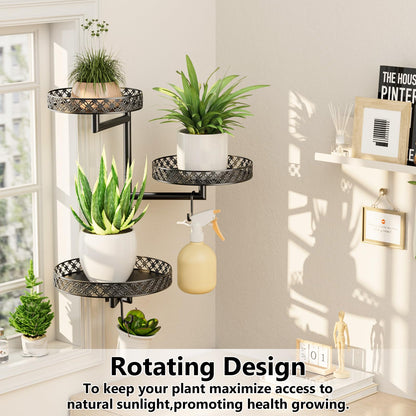 OVICAR Rotating Window Plant Shelves - Indoor Wall Plant Stand 3-Tier Floral Metal Window Shelf Holder for Multiple Plants with Hanging Hooks Home Decor Black