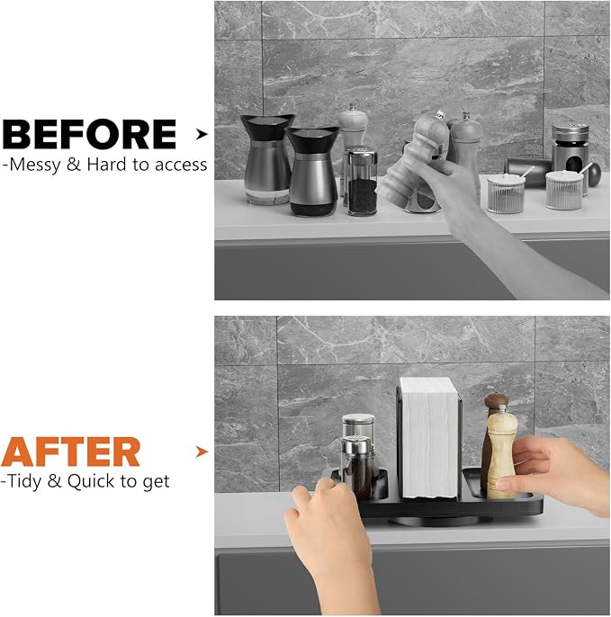 Rotating Napkin Holder for Table, Bamboo Standing Napkin Dispenser with Salt Pepper Shakers Caddy, Black Metal Hand Towel Holder for Bathroom Home Kitchen Farmhouse Decor Not Including Shakers
