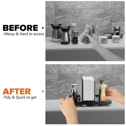 Rotating Napkin Holder for Table, Bamboo Standing Napkin Dispenser with Salt Pepper Shakers Caddy, Black Metal Hand Towel Holder for Bathroom Home Kitchen Farmhouse Decor Not Including Shakers