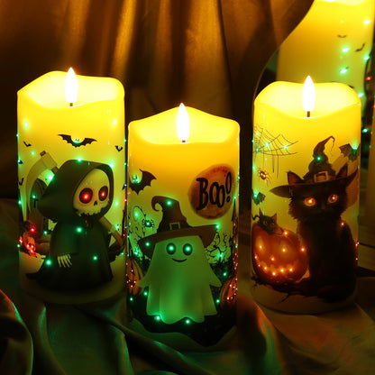 Eywamage Fiber Optic Halloween Flameless Candles with Remote, Flickering Battery Operated LED Pillar Candles Set of 3