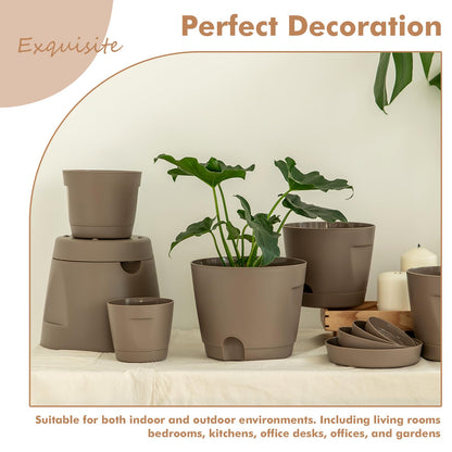 KvyusFlourish 5 Pack 4/5/6/7/8 Inch Plant Pots with Drainage Holes and Saucers Plastic Flower Pots for Indoor Plants Garden Planters Modern Houseplant Pots, Chocolate, Mixed Set
