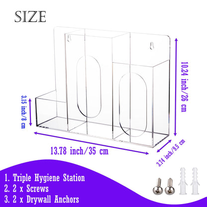 Aphbrada Acrylic Hygiene Dispenser Station with 3 Compartments - Triple Sanitation Station Holder Dispenser for Face Masks, Gloves Box, Hand Sanitizer, Hairnets, Tissues- Wall Mount or Tabletop