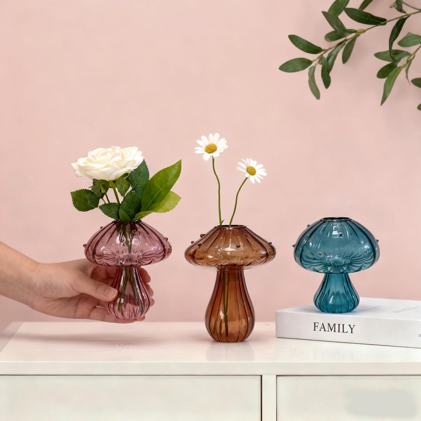 NOLIPED Glass Mushroom Propagation Planter - Set of 3 Cute Plant Propagation Stations for Indoor Plants, Unique Small Hydroponic Vase Jars Mini Terrariums for Window Living Room Bathroom Shelf Decor