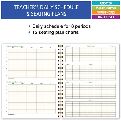 Elan Publishing Company HARDCOVER 7 Period Teacher Lesson Planner - Days Horizontally Across the Top with Bonus Clip-in Bookmark (Gold Dots Turquoise)