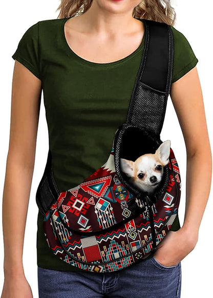 FUSURIRE Aztec Geometry Pattern Pet Sling Carrier Tribal Ethnic Style Breathable Mesh Travel Pet Handbag Safe Sling Bag Carrier for Dogs Cats with Adjustable Shoulder Strap and Reinforced Buckle