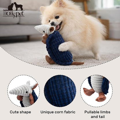 Hollypet Plush Dog Squeaky Toy Stuffed Armadillo Animal Pet Puppy Chew Toys with Clean Teeth for Small Medium Large All Breed Sizes Dogs, Ultramarine, 8 in